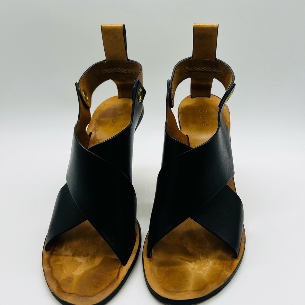 Chloe Black and Tan Wedge Slingback Sandals with Leather Cross-Strap Est SZ 10